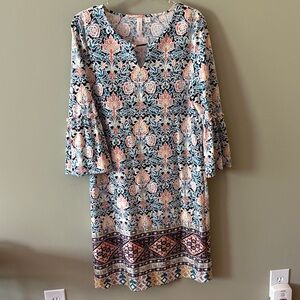 Tacera Teal and Pink Floral Midi Dress with Bell Sleeves